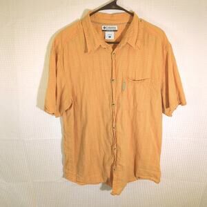 Columbia Mens L Short Sleeve Button Shirt Orange Gingham Cotton Outdoor Hiking